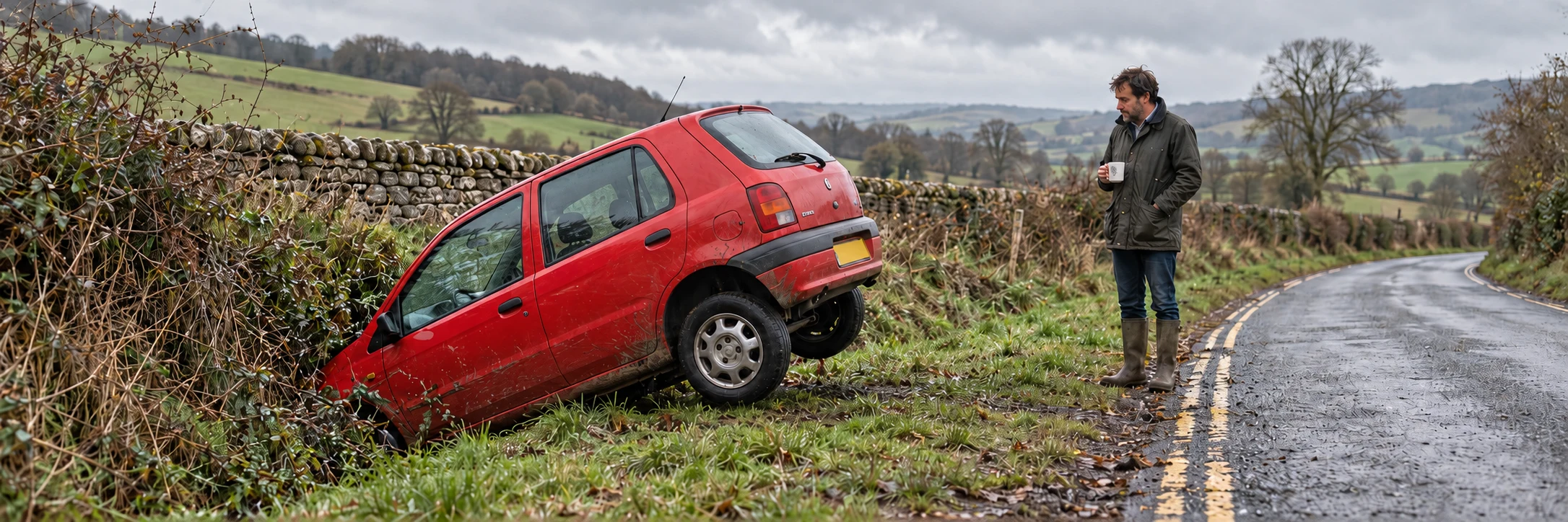 A red hatchback parked nose-first in a ditch on a wet English country lane. An unimpressed man watches, mug of tea in hand.
